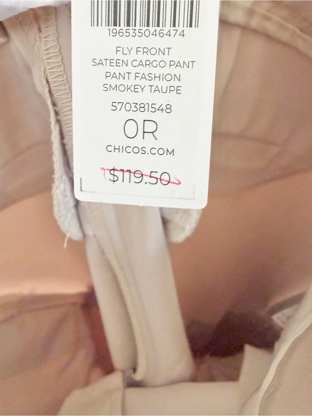 Chico’s Fly Front Sateen Cargo Pant In Smokey Taupe Size 4 NWT